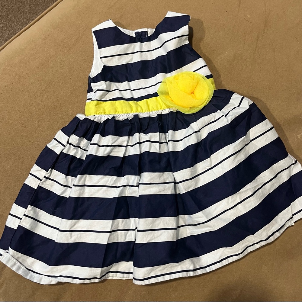 Striped Navy and White Kids Dress with Yellow Accent